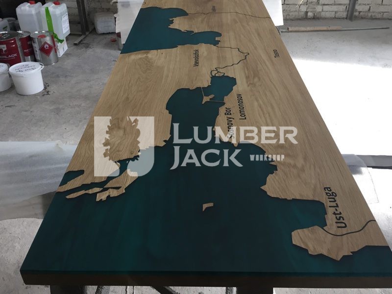 Стол-река с полимером и изображением карты | Lumber Jack Спб